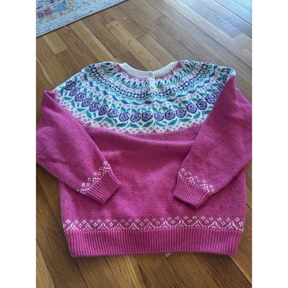 Vintage Northern Isles Women's Pink Fair Isle Floral Knit Yoke Sweater L Nordic - Picture 13 of 14